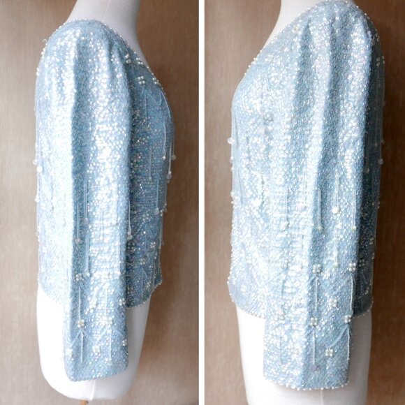 Light Blue Beaded Sequin Cardigan Sweater Top - Picture 4 of 10